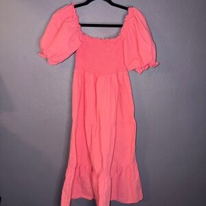 Pomander Place Coral Pink Smocked Puff Sleeve Tuckernuck Tiered Maxi Dress Sz S